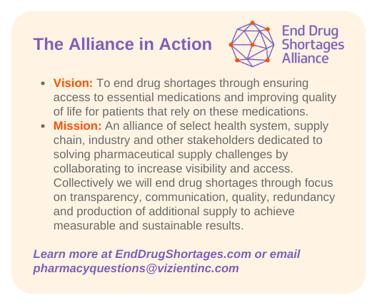 Compounding the impact on patient care and treatment outcomes is the financial toll that drug shortages are taking on hospital pharmacy staffing and budgets. Vizient estimates that U.S. hospitals spend $359 million annually on labor costs for time spent seeking supplies and implementing mitigation strategies that enable continuity of patient care.