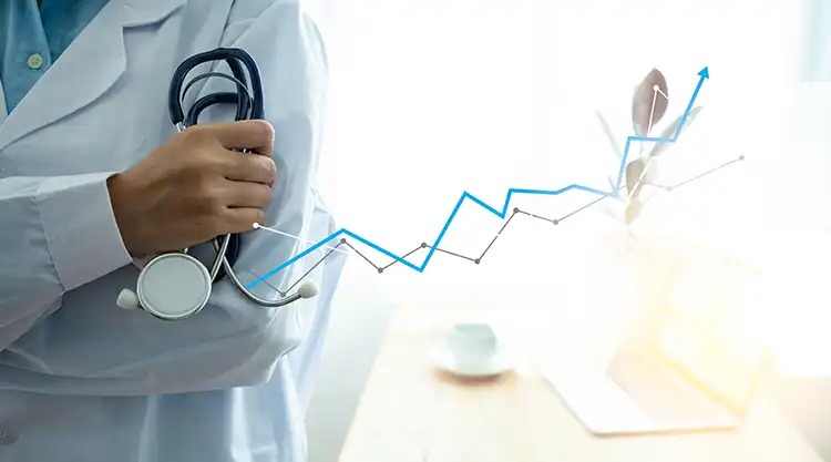 A doctor in a white coat holds a stethoscope, with a rising graph overlay in a bright office setting.