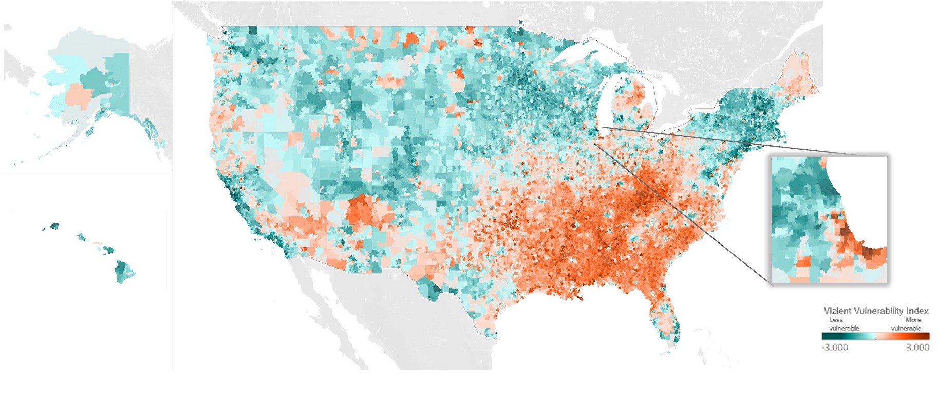 Vizient Vulnerability Index values for neighborhoods across the nation