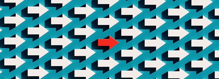 Arrows pointing right with one red arrow